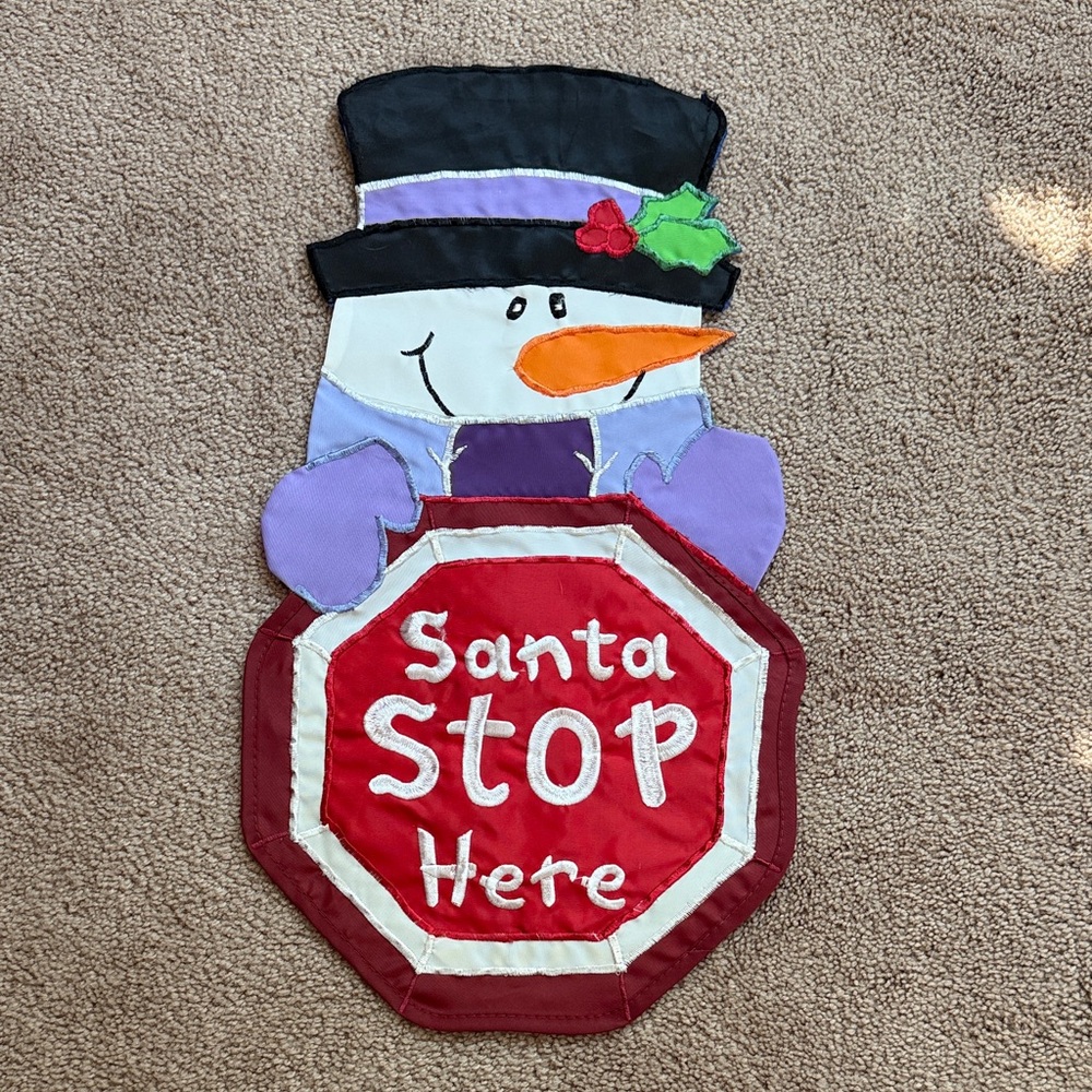 Festive Christmas/Holiday Snowman Garden Flag with Santa Stop Here Sign